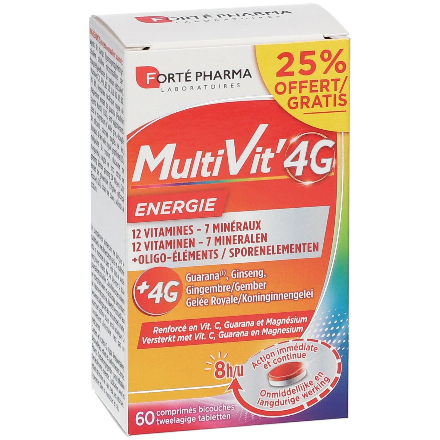 Boîte de MultiVit'4G Energie. Contient 12 vitamines, 7 minéraux et oligo-éléments. 60 comprimés bicouches.