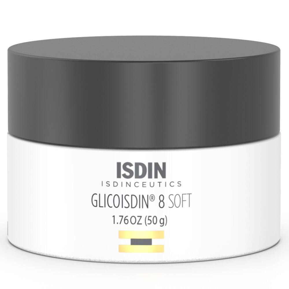 Pot de crème avec couvercle noir. Inscription: ISDIN, GLICOISDIN 8 SOFT. 1.76OZ (50g). Pot blanc.