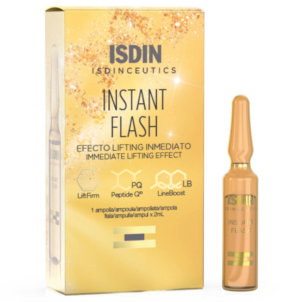 Gouden doos en ampul. Op de doos staat "ISDINCEUTICS INSTANT FLASH".