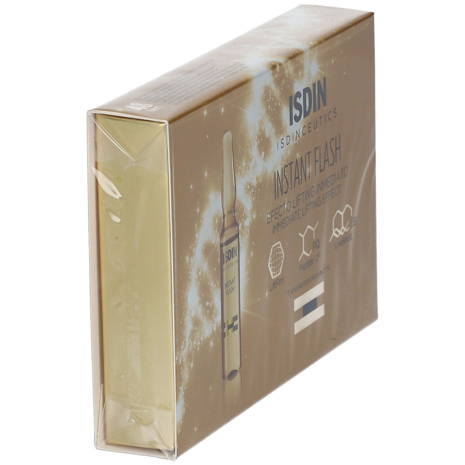 Gouden doos, zijaanzicht. Productnaam: ISDIN Instant Flash. Verpakt in folie.