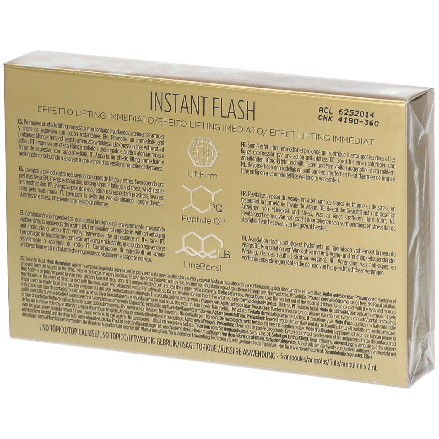 Achterkant van de gouden doos. Meertalige tekst. Productnaam: Instant Flash. Bevat 5 ampullen.