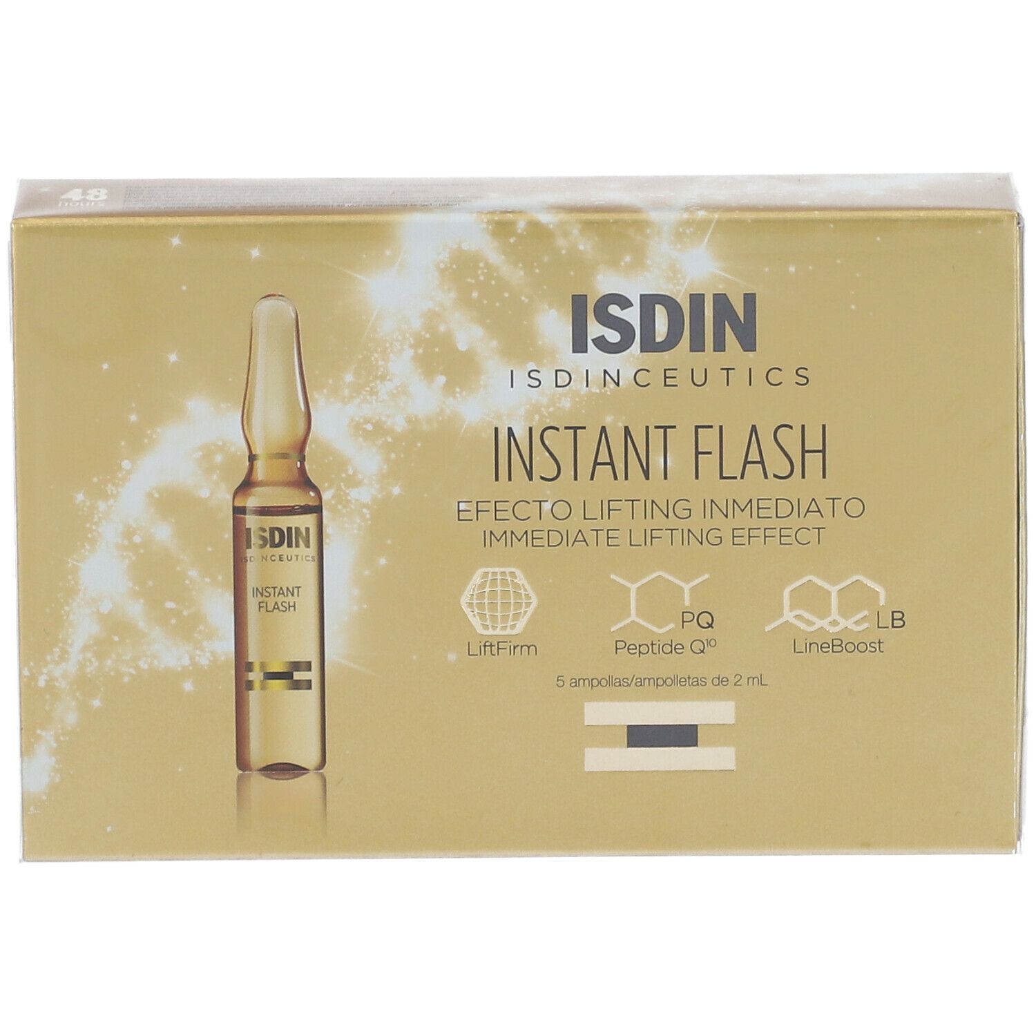 Gouden doos met productampul. Opschrift: ISDIN Instant Flash. Bevat 5 ampullen.