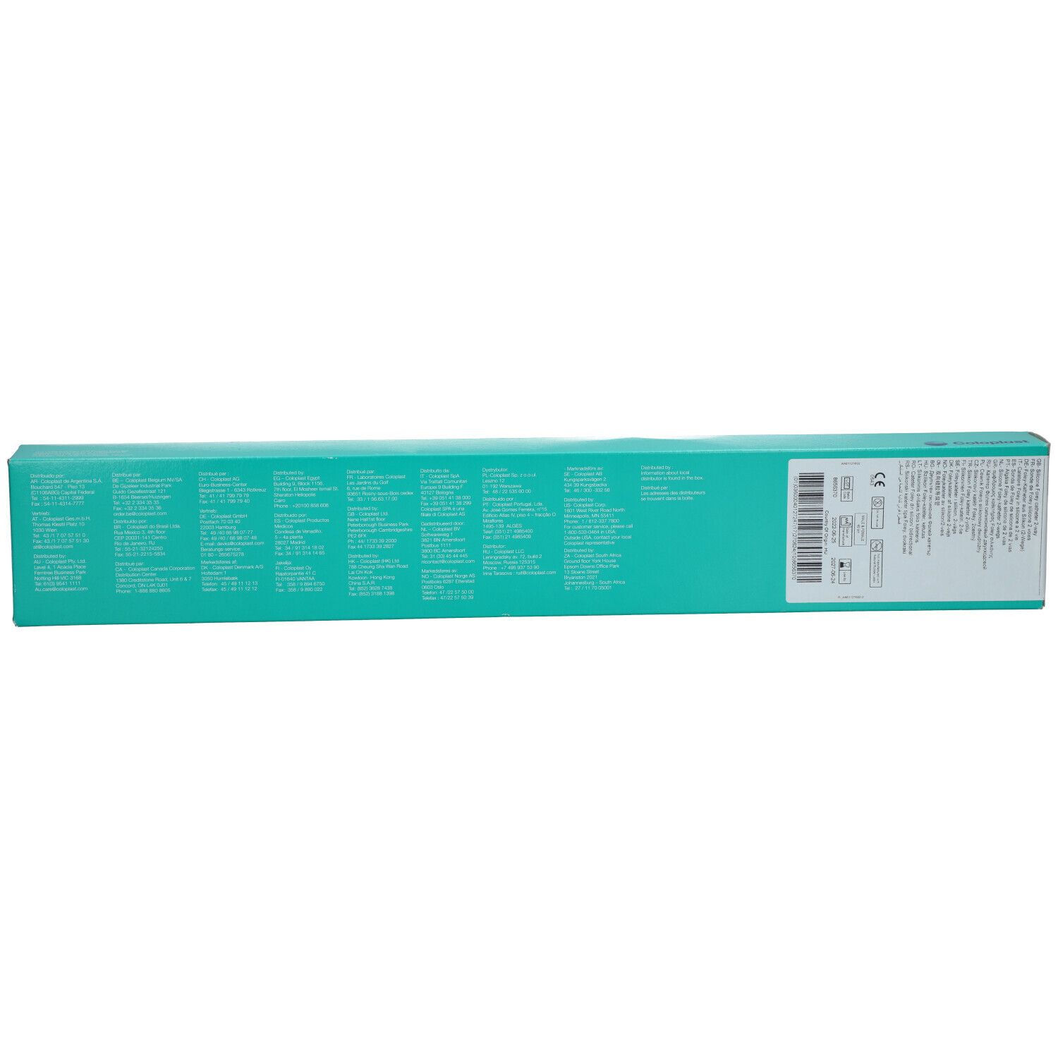 Dos de l'emballage turquoise, avec texte et code-barres. Texte.
