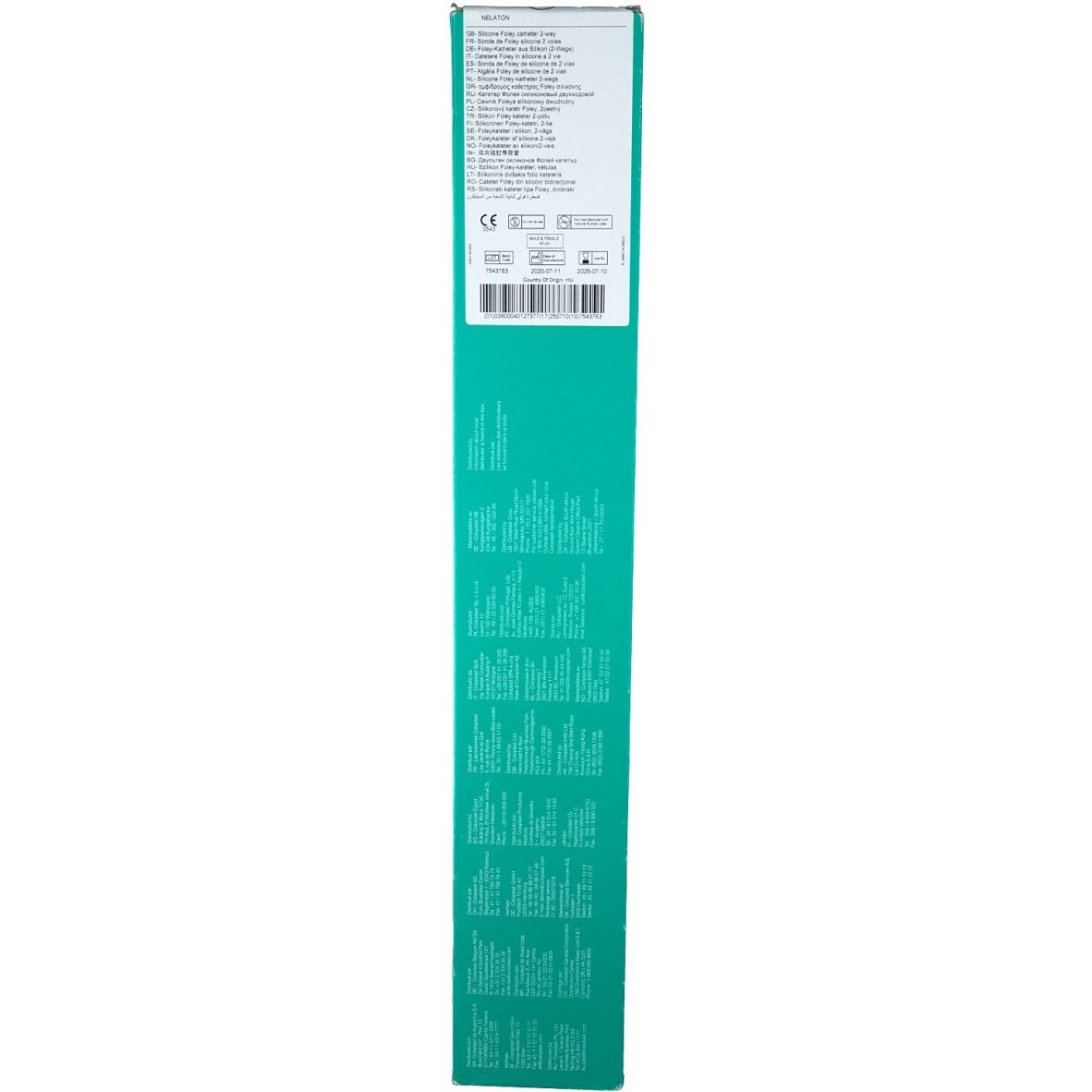 Rückseite der grünen Schachtel. Text und Symbole. CE-Kennzeichnung, Chargennummer, Barcode.