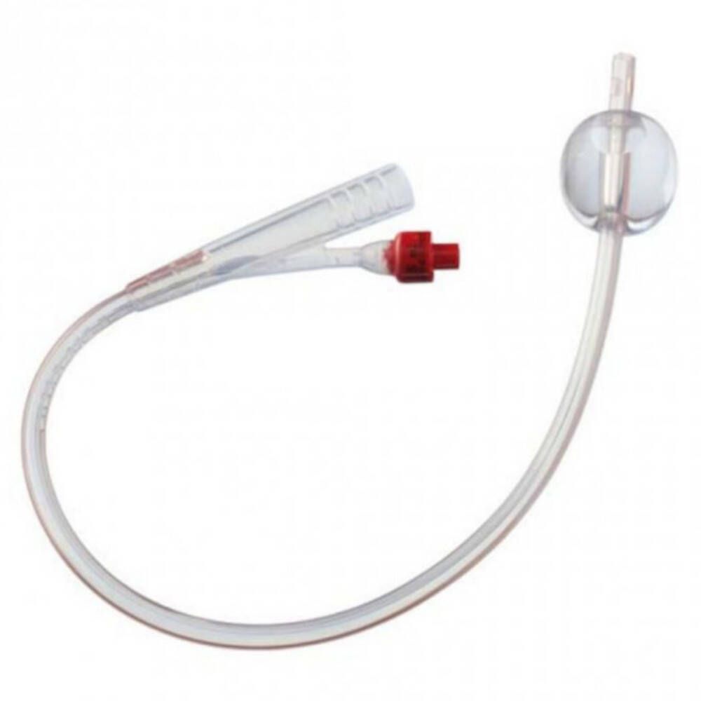 Transparante katheter met rode connector en ballon. Zichtbare kenmerken: twee openingen, afgeronde punt.
