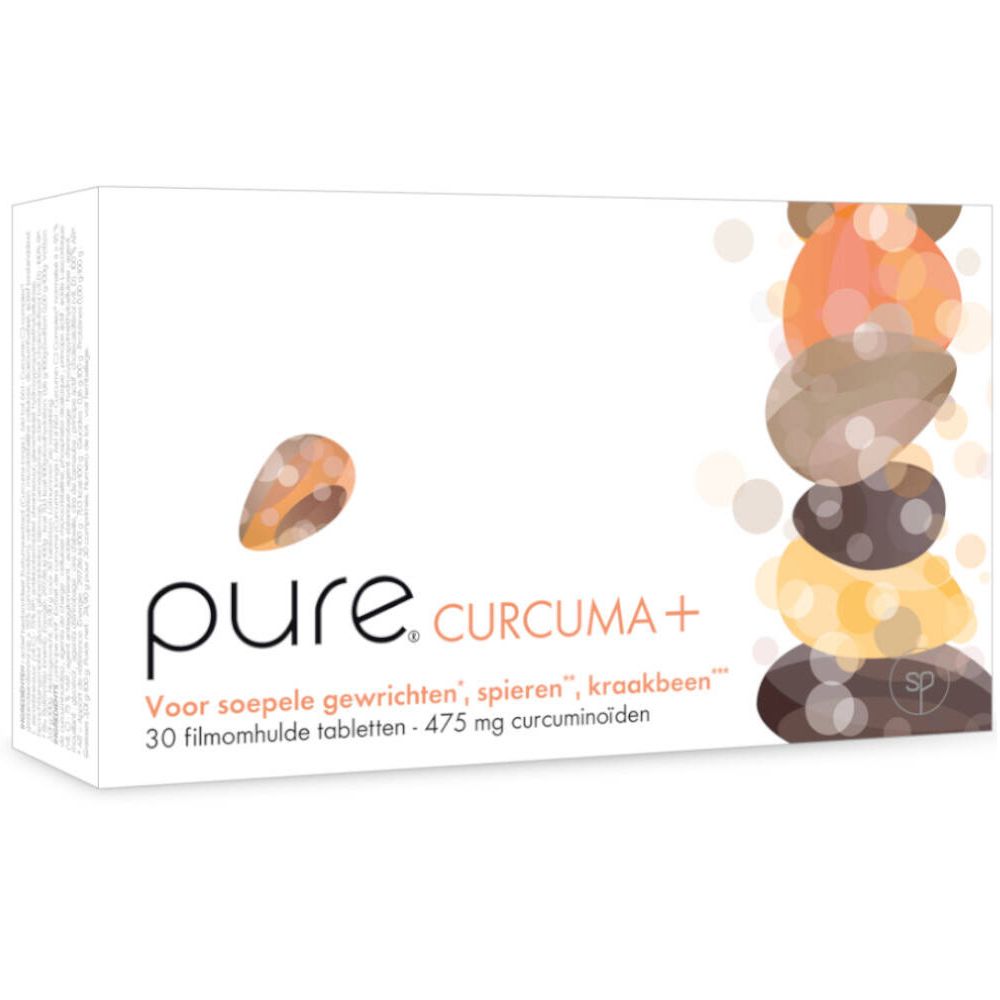 Boîte blanche "pure. CURCUMA+". Inscription: 30 comprimés pelliculés, 475 mg curcuminoïdes. Illustration de formes colorées.