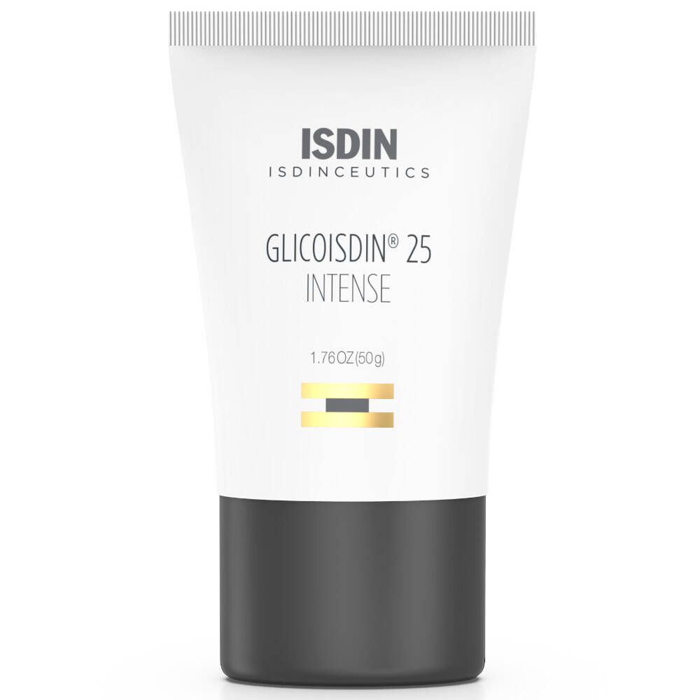 Witte tube met zwarte dop. Opschrift: ISDIN, GLICOISDIN® 25 INTENSE. Gel met peeling effect. Gouden streep.