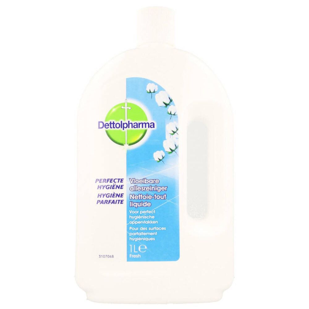 Witte Dettolpharma fles met handvat. Label met productnaam, logo en bloemmotief. Tekst in meerdere talen.