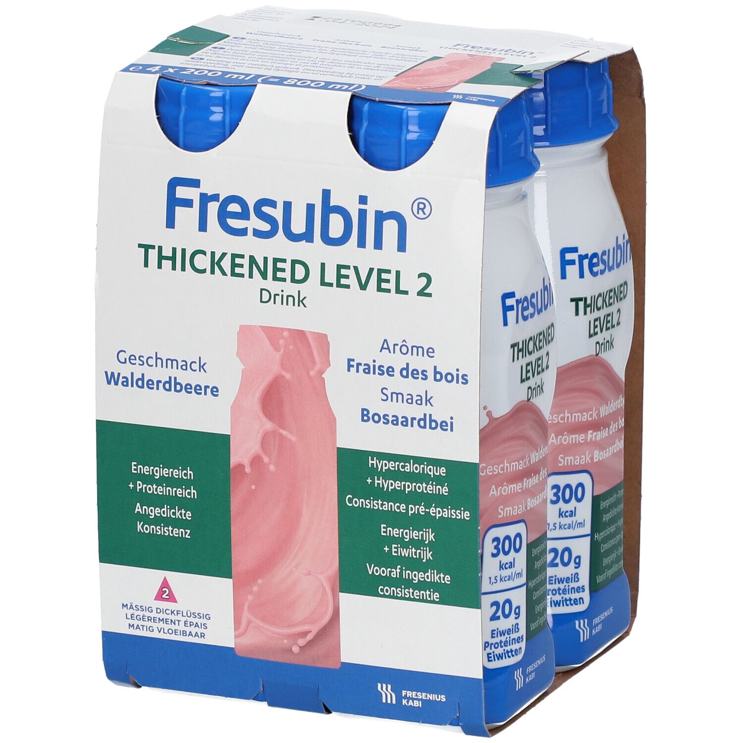 Verpakking van 4 flessen Fresubin Thickened Level 2 Drink. Aardbeiensmaak. Blauwe doppen, witte flessen.
