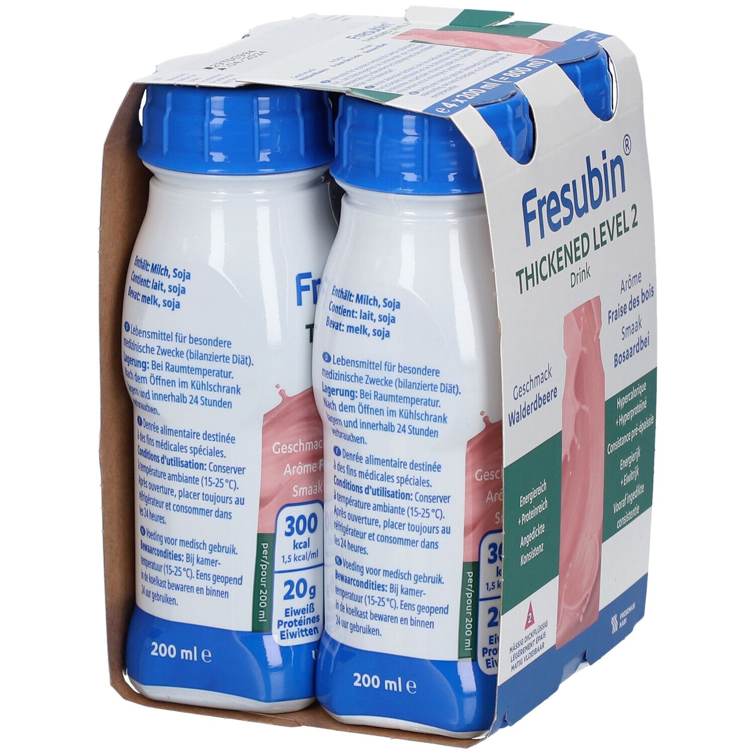 Verpakking van 4 flessen Fresubin Thickened Level 2 Drink. Aardbeiensmaak. Blauwe doppen, witte flessen.