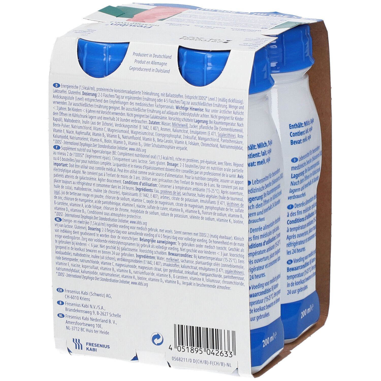 Achterkant van de verpakking van 4 flessen Fresubin Thickened Level 2 Drink. Meertalige tekst.