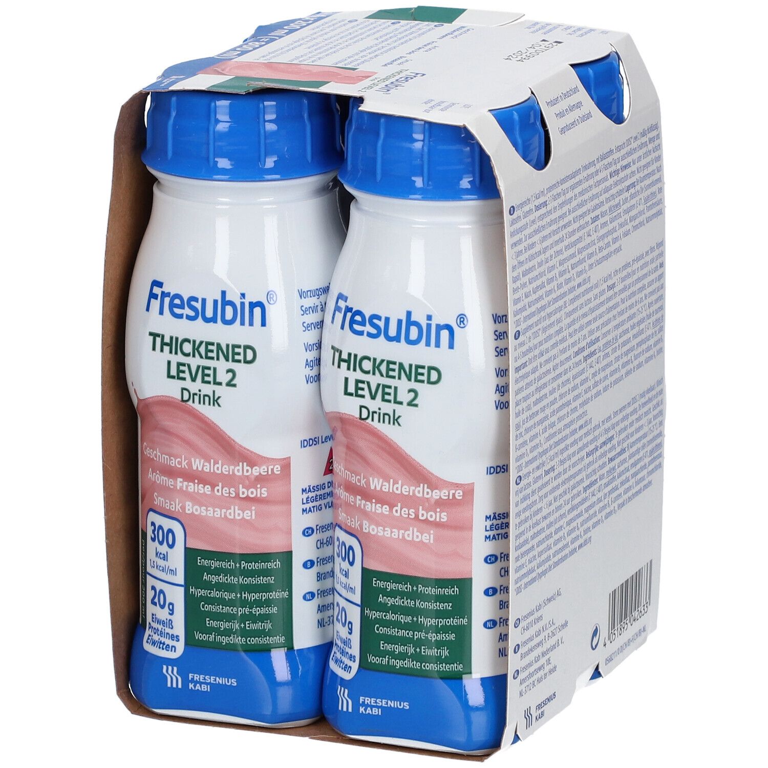 Verpakking van 4 flessen Fresubin Thickened Level 2 Drink. Aardbeiensmaak. Blauwe doppen, witte flessen.