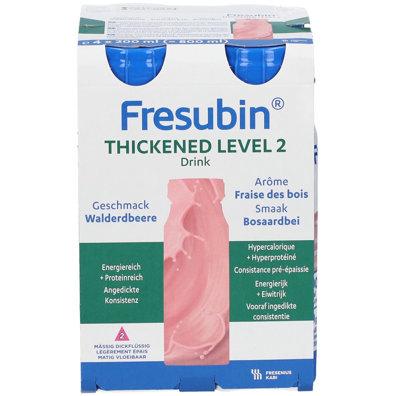 Enkele fles Fresubin Thickened Level 2 Drink. Aardbeiensmaak. Blauwe dop, witte fles.