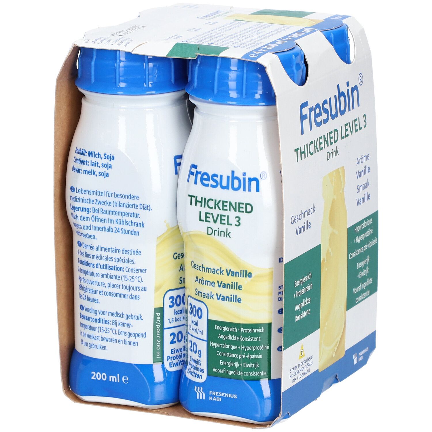 Verpakking met 4 flessen Fresubin Thickened Level 3 Vanille. Opschriften: Smaak Vanille, 300 kcal, 20g eiwit, 200 ml.