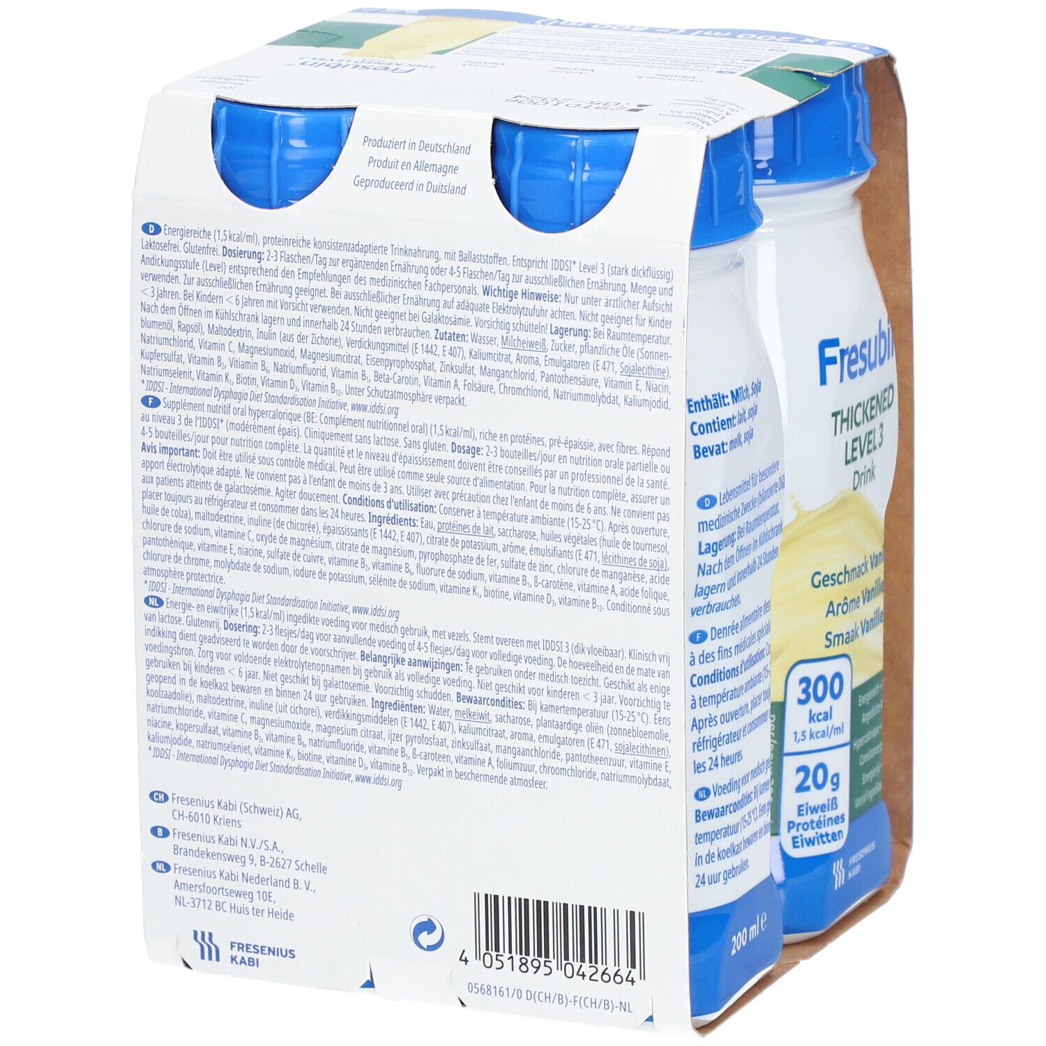 Achterkant van de verpakking met 4 flessen Fresubin Thickened Level 3 Vanille. Bevat informatie over ingrediënten en voedingswaarde.