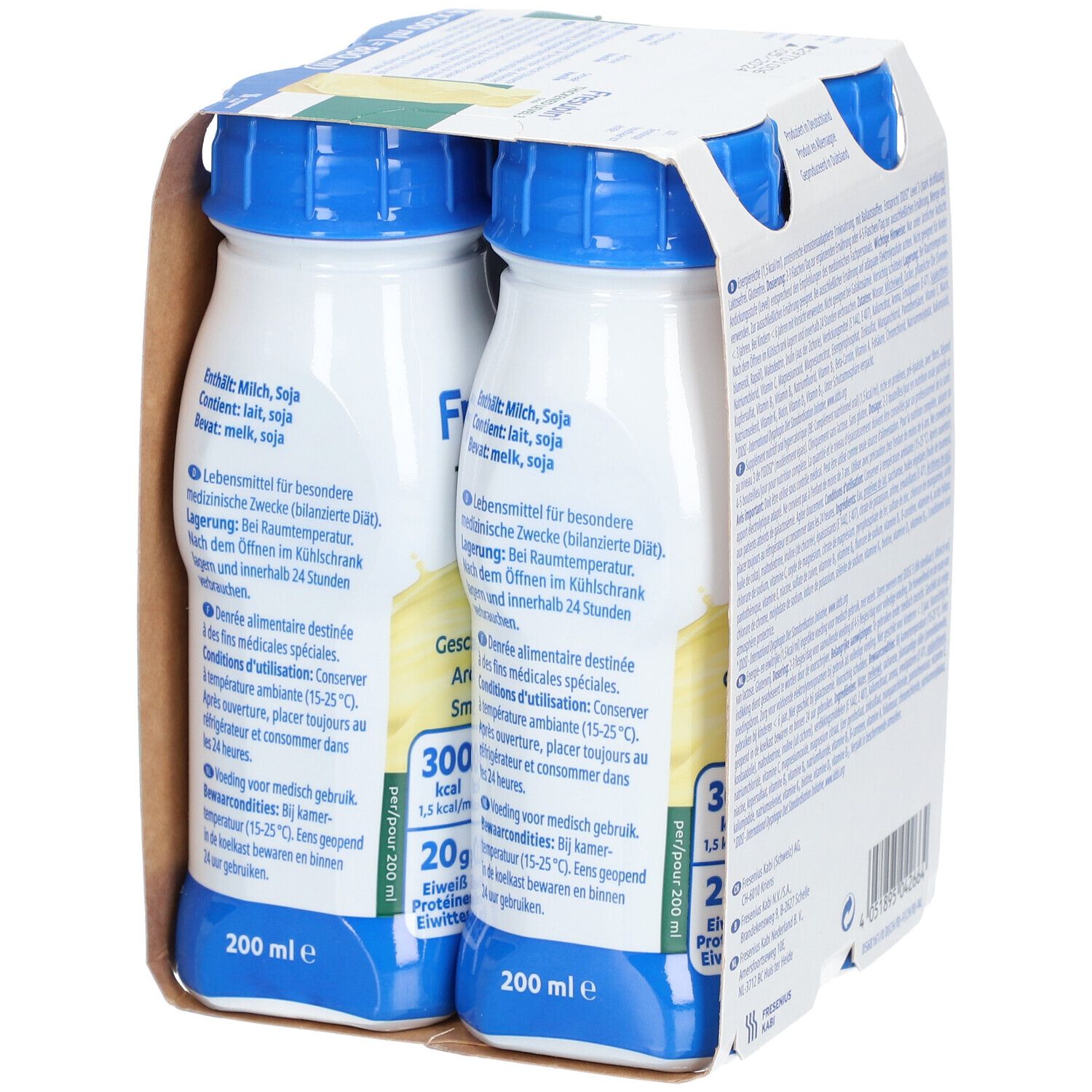 Verpakking met 4 flessen Fresubin Thickened Level 3 Vanille. Opschriften: Smaak Vanille, 300 kcal, 20g eiwit, 200 ml.