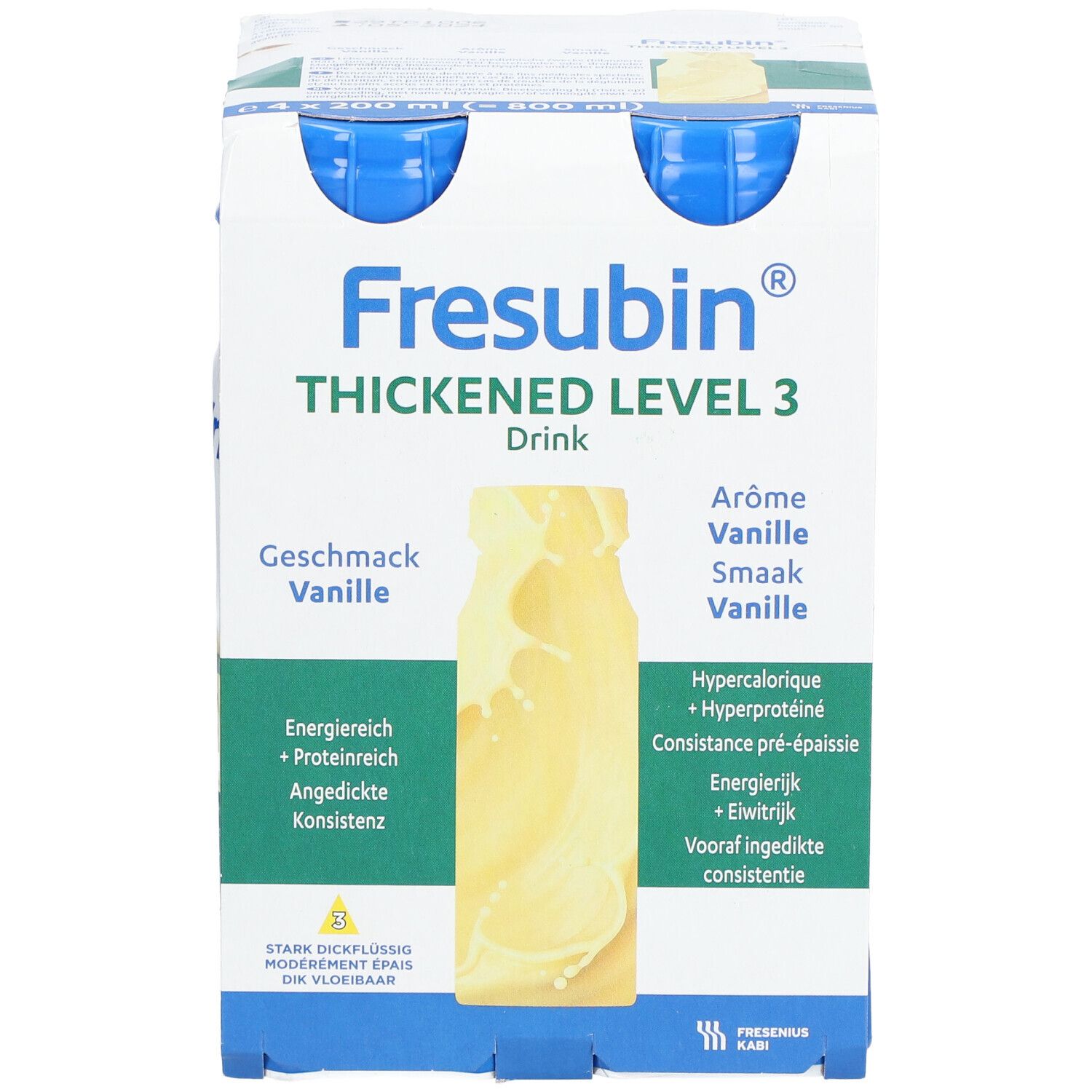 Enkele fles Fresubin Thickened Level 3 Vanille. Opschriften: Smaak Vanille, energierijk, eiwitrijk, vooraf ingedikte consistentie.