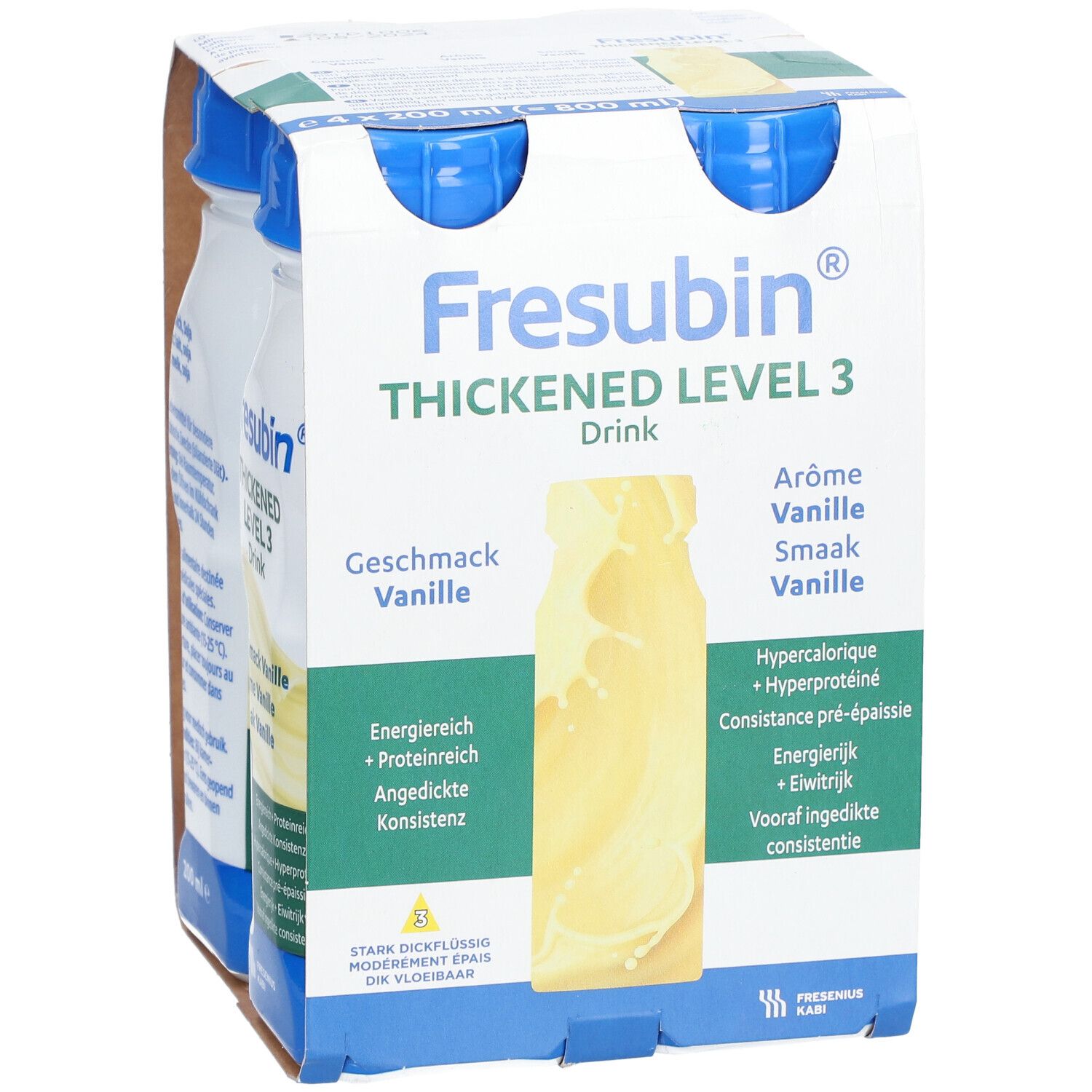 Verpakking met 4 flessen Fresubin Thickened Level 3 Vanille. Opschriften: Smaak Vanille, energierijk, eiwitrijk, vooraf ingedikte consistentie.