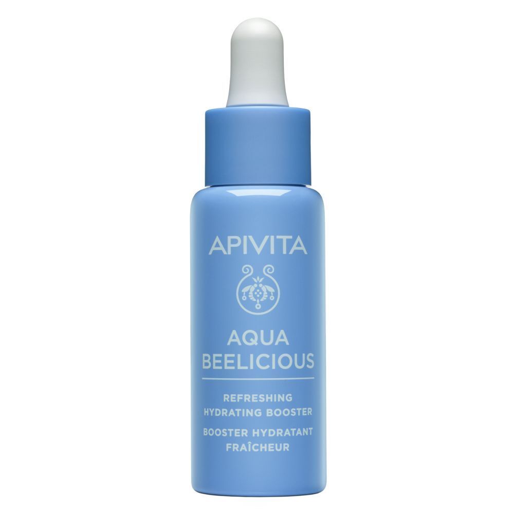 Lichtblauwe fles met witte druppelaar. Opschrift: APIVITA AQUA BEELICIOUS. Productnaam en andere teksten.
