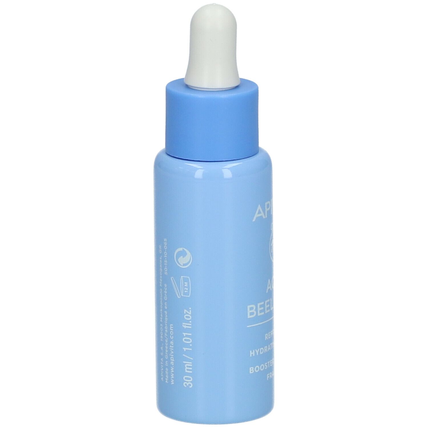 Lichtblauwe fles met witte druppelaar. Opschrift: APIVITA AQUA BEELICIOUS. Productnaam en andere teksten.