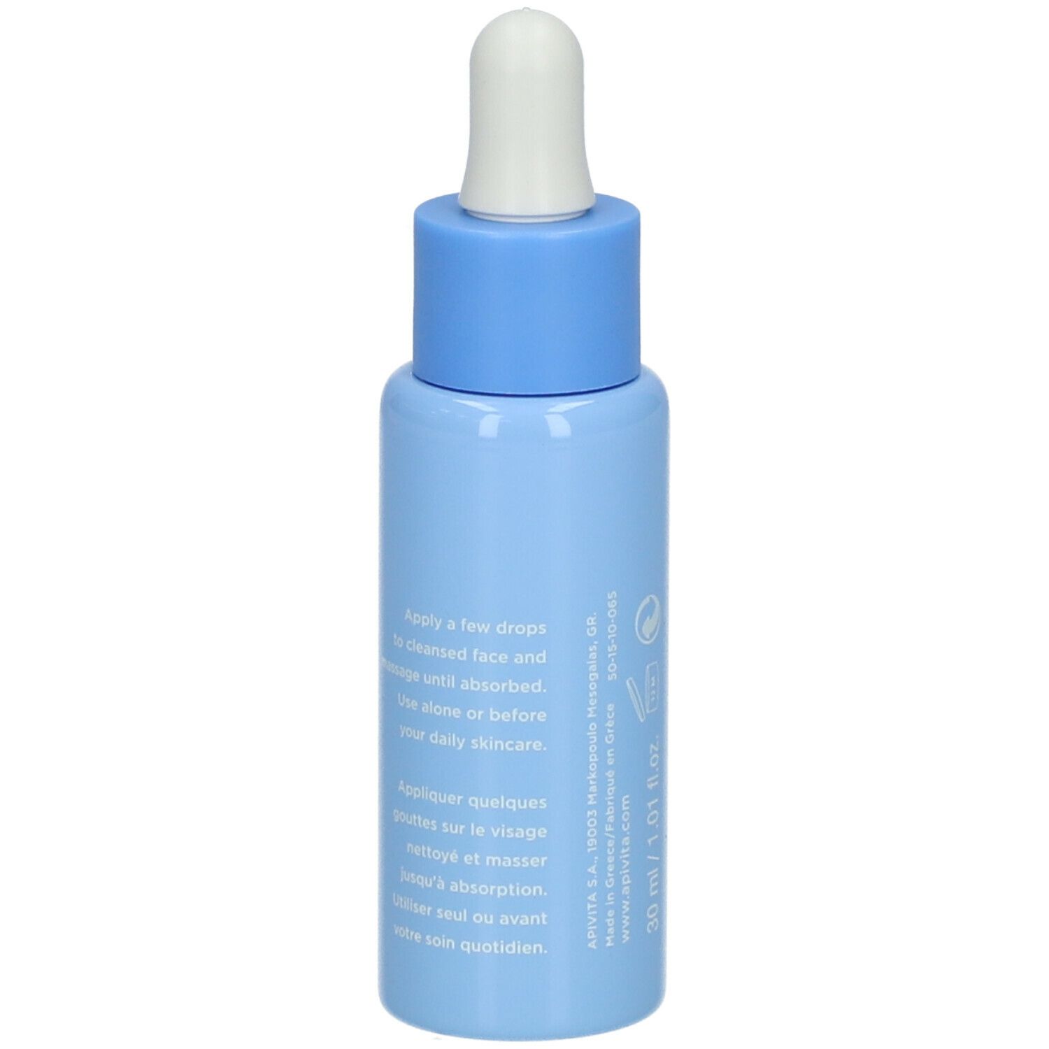Lichtblauwe fles met witte druppelaar. Opschrift: APIVITA AQUA BEELICIOUS. Productnaam en andere teksten.