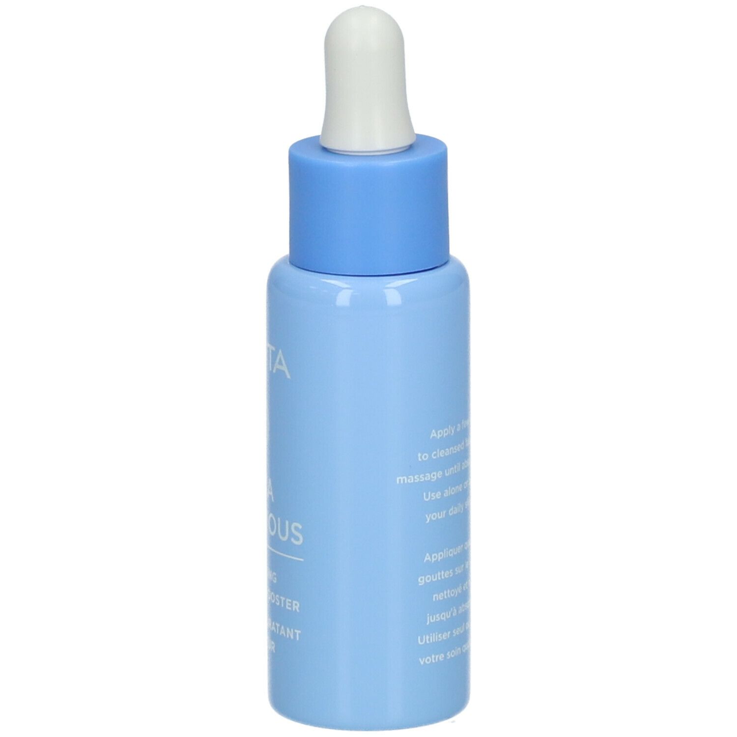 Lichtblauwe fles met witte druppelaar. Opschrift: APIVITA AQUA BEELICIOUS. Productnaam en andere teksten.