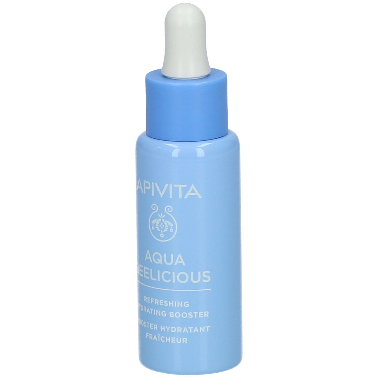 Lichtblauwe fles met witte druppelaar. Opschrift: APIVITA AQUA BEELICIOUS. Productnaam en andere teksten.