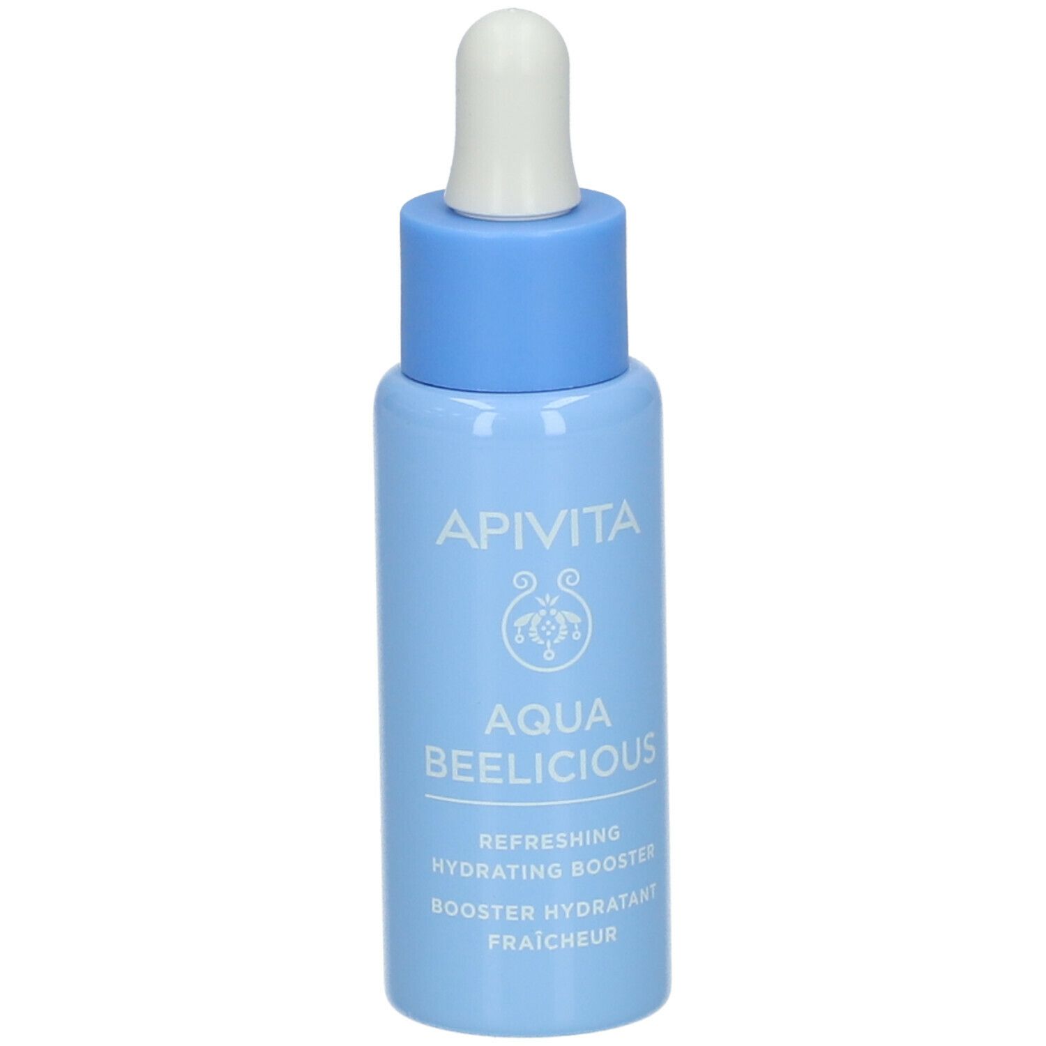Lichtblauwe fles met witte druppelaar. Opschrift: APIVITA AQUA BEELICIOUS. Productnaam en andere teksten.