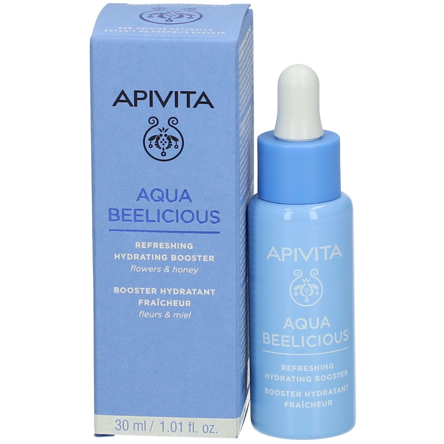 Blauwe fles en doos. Opschrift: APIVITA AQUA BEELICIOUS. Productnaam en andere teksten.
