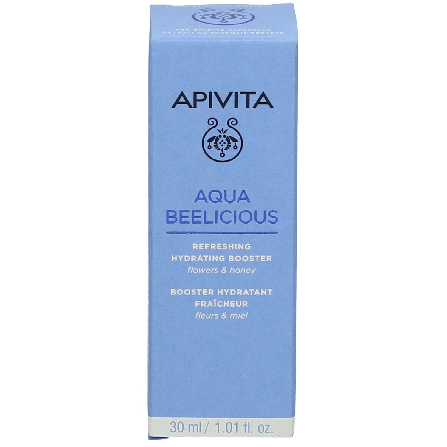 Blauwe doos. Opschrift: APIVITA AQUA BEELICIOUS. Productnaam en andere teksten.