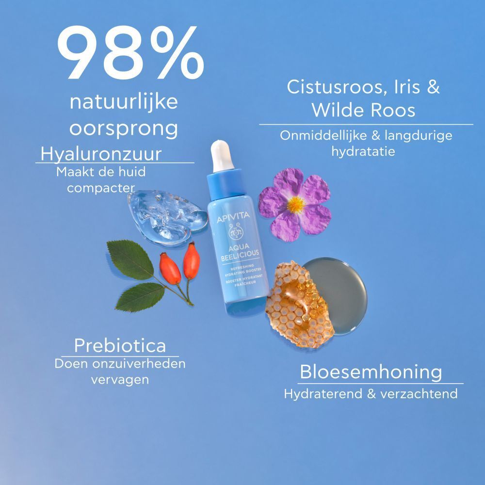 Fles met ingrediënten. Tekst: 98% natuurlijk, hyaluronzuur, prebiotica, bloemenhoning.