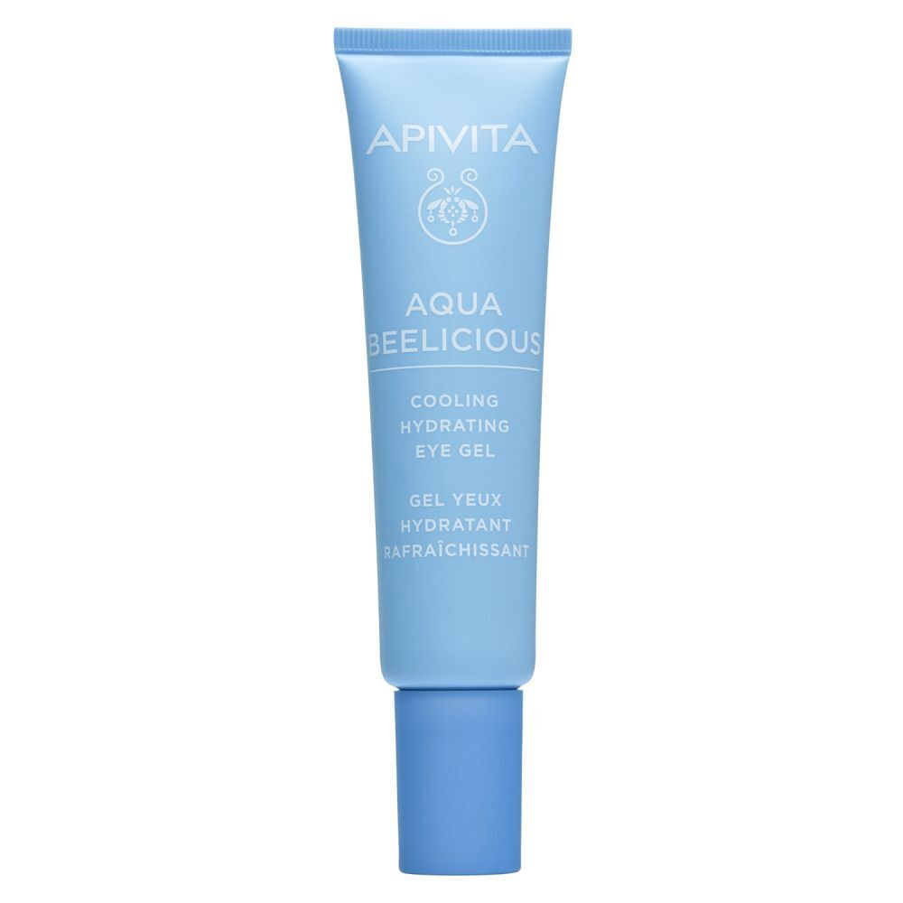 Lichtblauwe tube Aqua Beelicious. Opschrift: APIVITA. Cooling hydrating eye gel. Gel yeux hydratant.