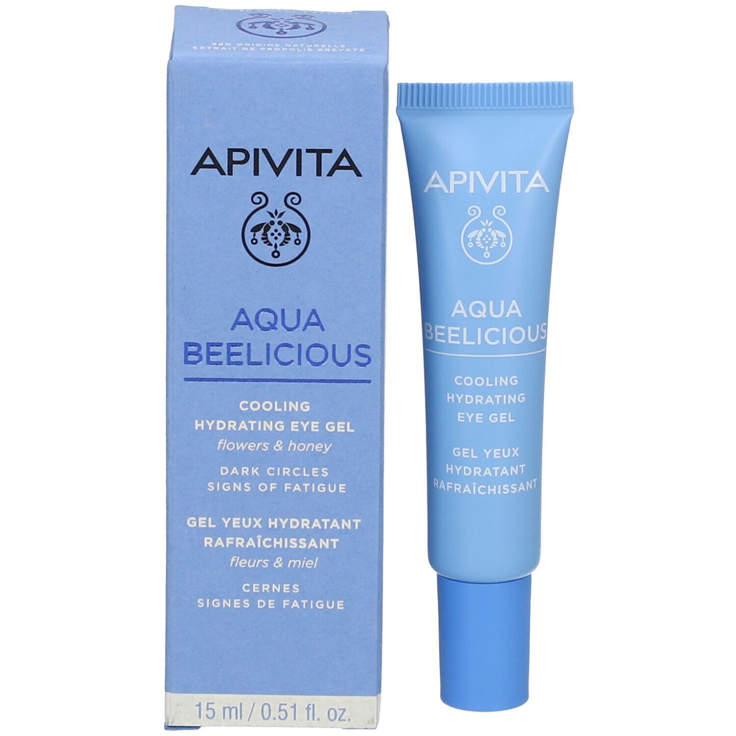 Hellblaue Schachtel und Tube. Aufschrift: APIVITA AQUA BEELICIOUS. Kühlendes, feuchtigkeitsspendendes Augengel.
