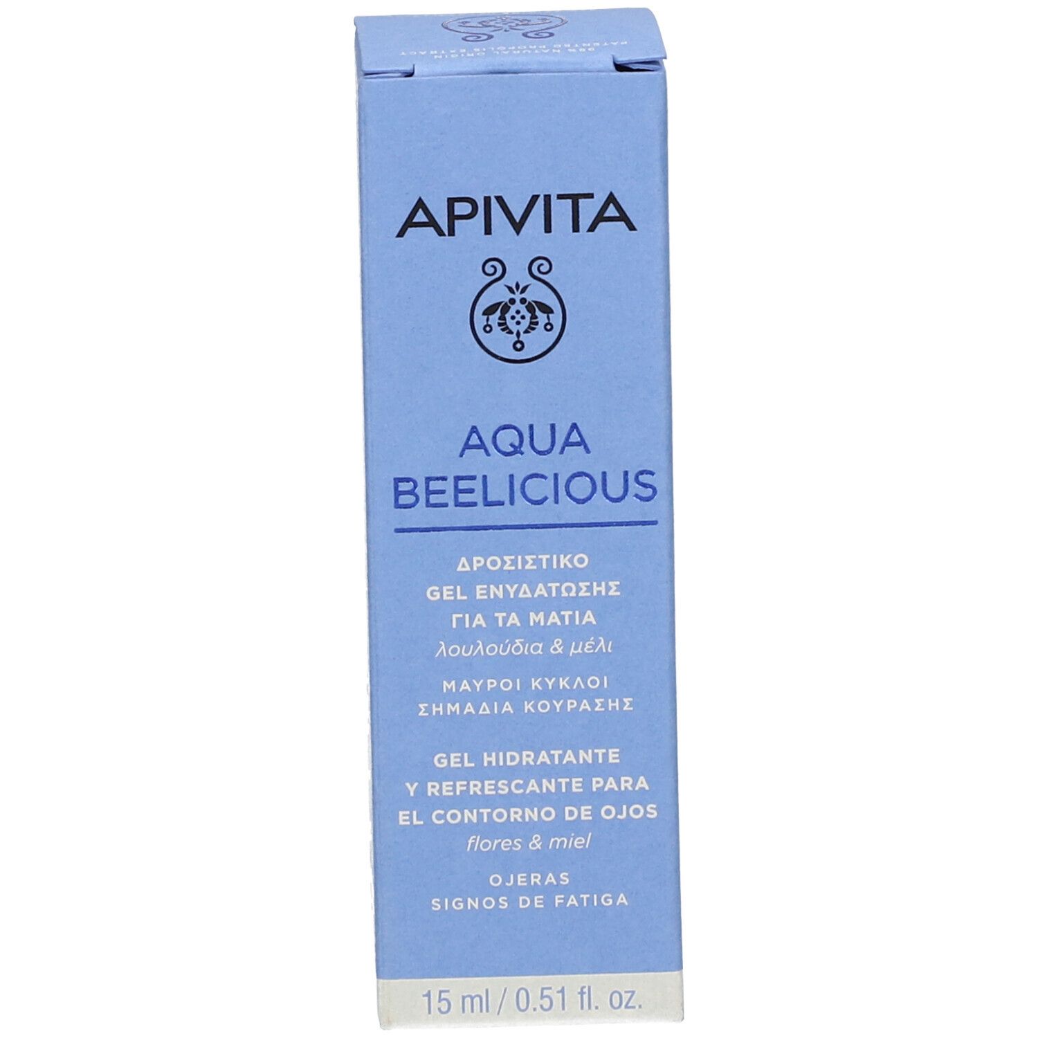 Schachtel mit Produktnamen und Beschreibung. Aufschrift: APIVITA AQUA BEELICIOUS. Kühlendes Augengel.