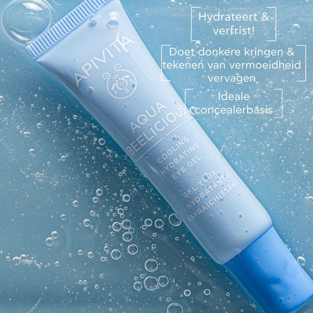 Tube ooggel in water. Tekst: Aqua Beelicious, Cooling Hydrating Eye Gel. Hydrateert & verfrist!