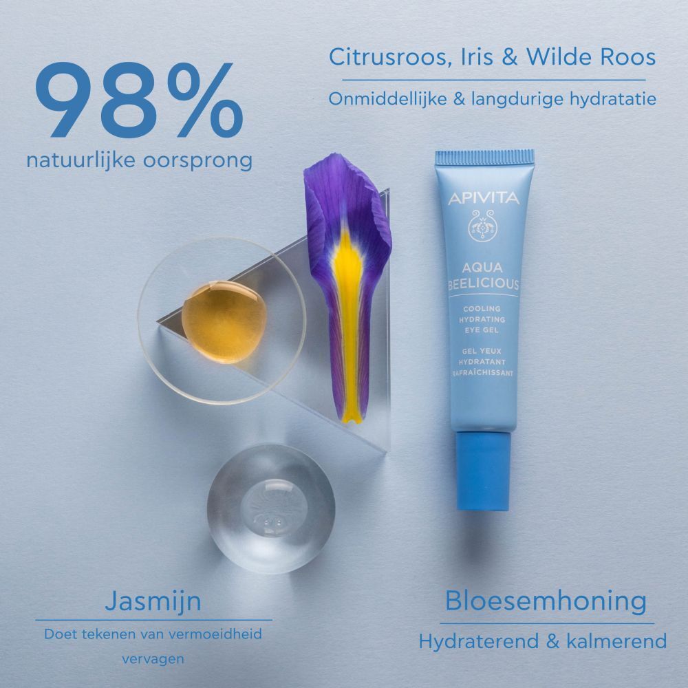 Productopstelling met ingrediënten. Tube, jasmijn, honing, iris. Tekst: 98% natuurlijke oorsprong.