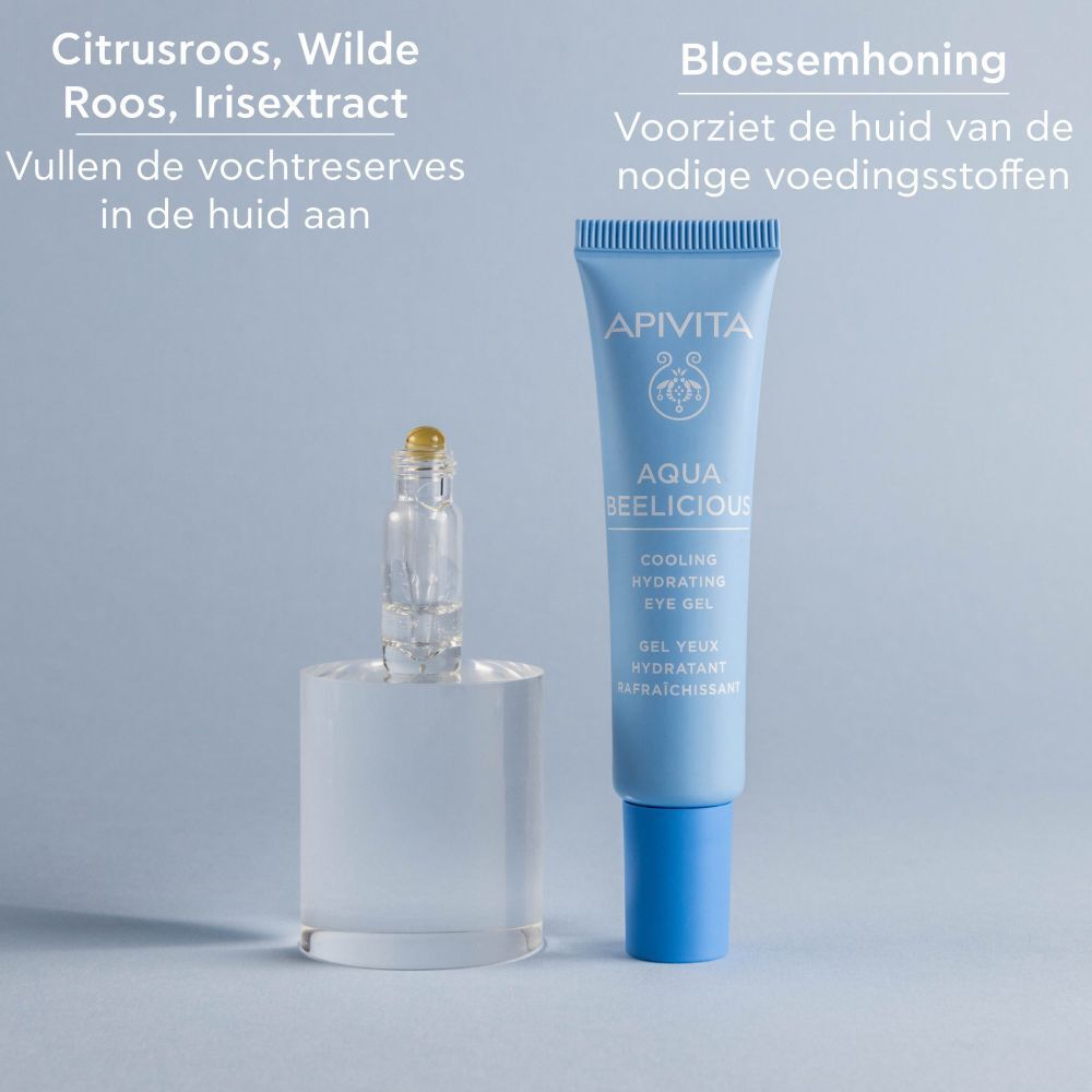 Vrouw met ooggel. Tekst: 90% vermindert vermoeidheid, 100% onmiddellijke hydratatie, 95% concealerbasis.