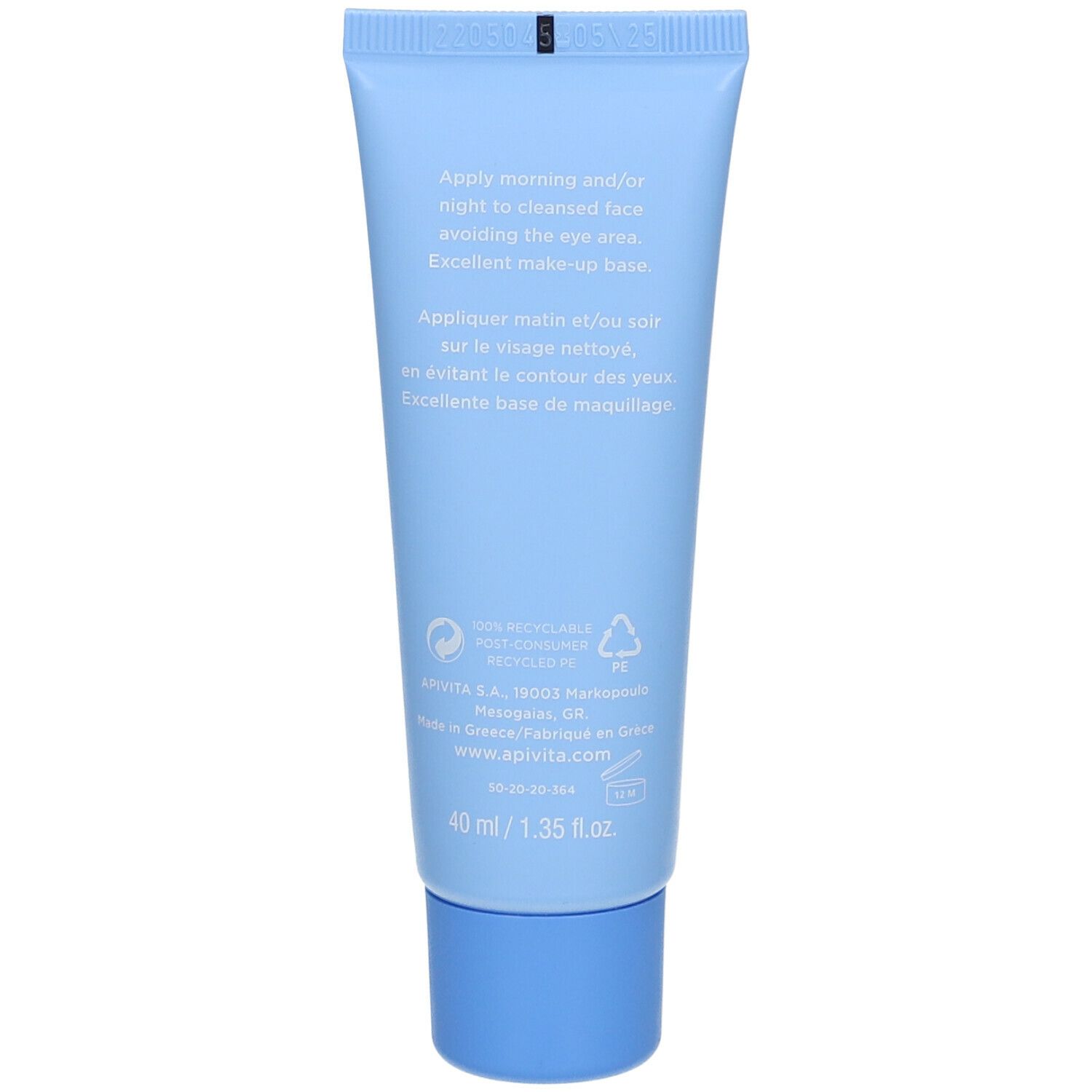 Achterkant van de lichtblauwe tube. Meertalige tekst. 40 ml/1.35 fl.oz.