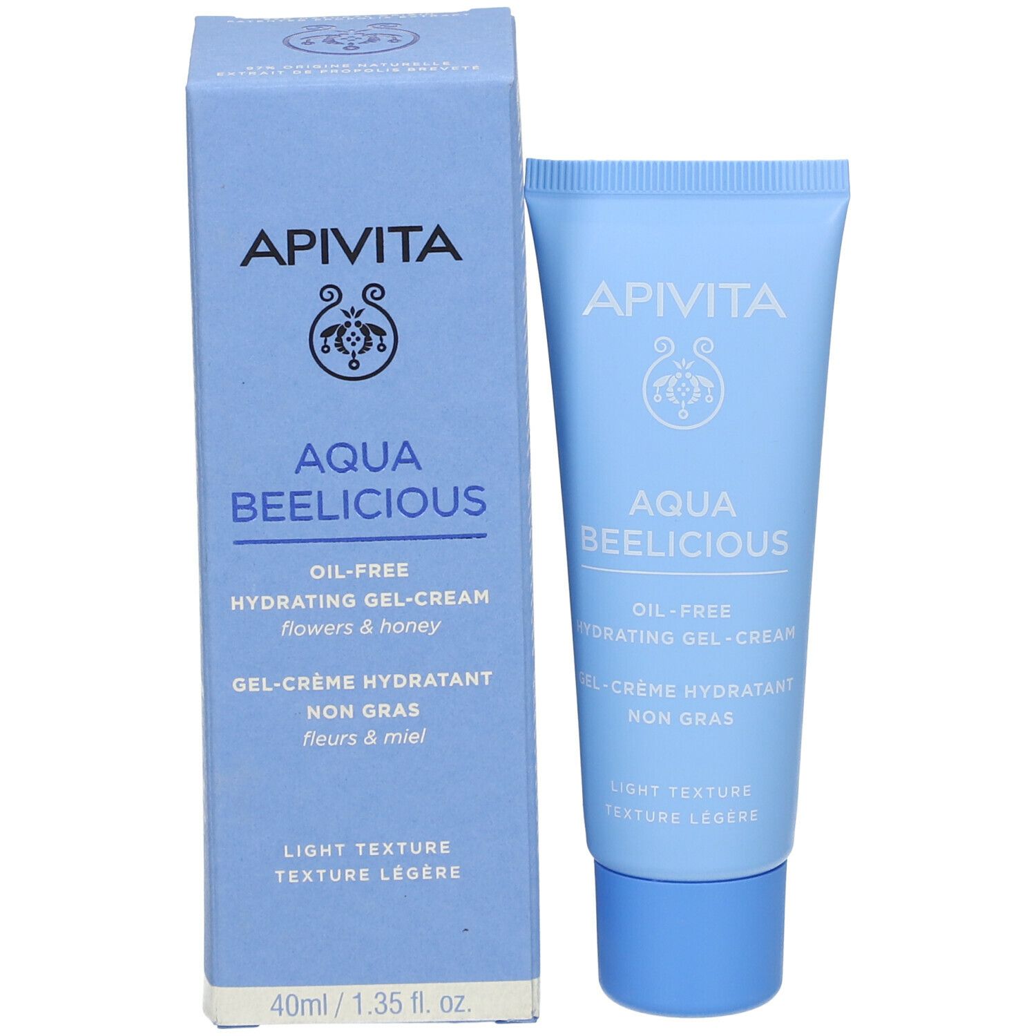 Lichtblauwe doos en tube. Productnaam. Olievrije gel-crème. 40ml.