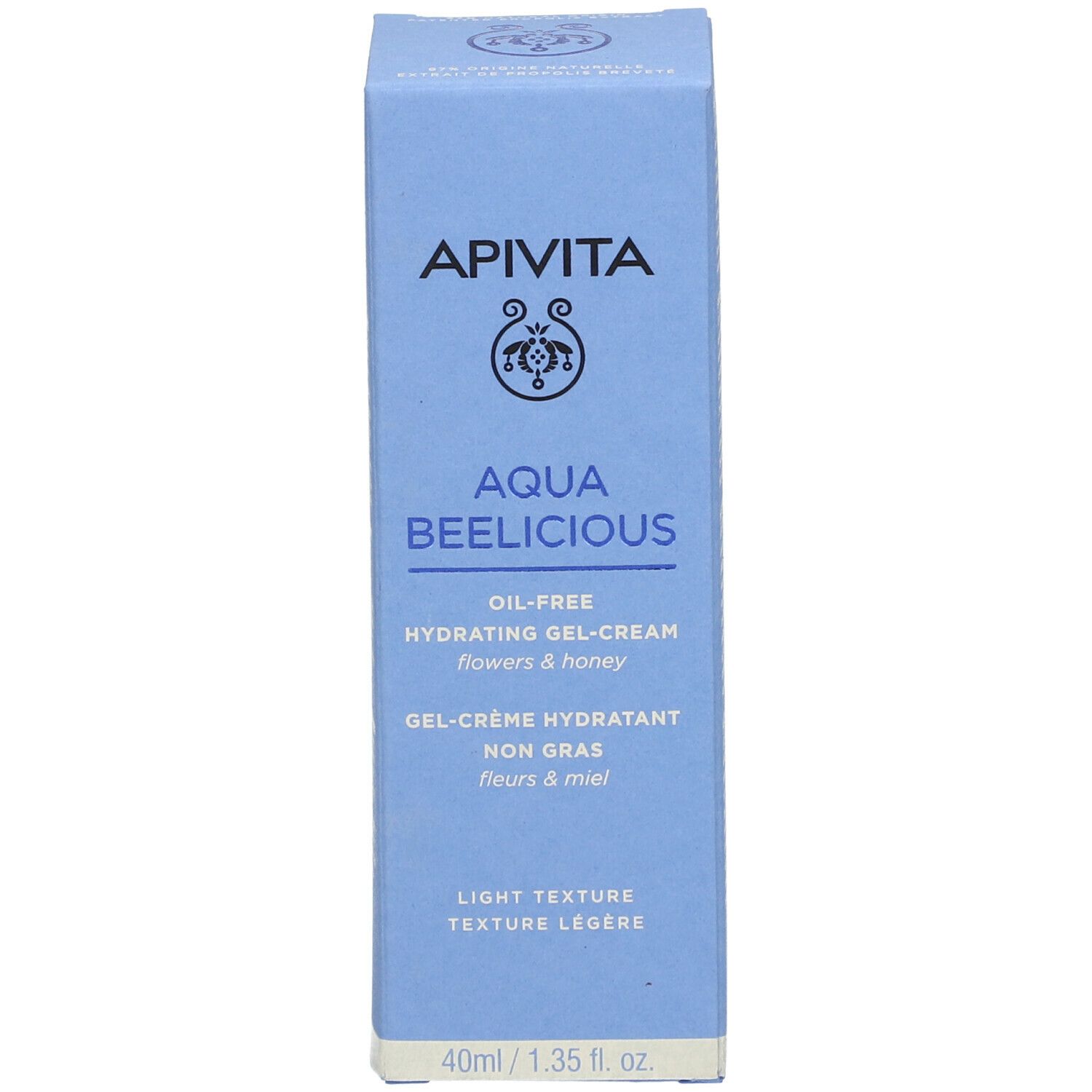 Lichtblauwe doos. Productnaam. Olievrije gel-crème. 40ml.