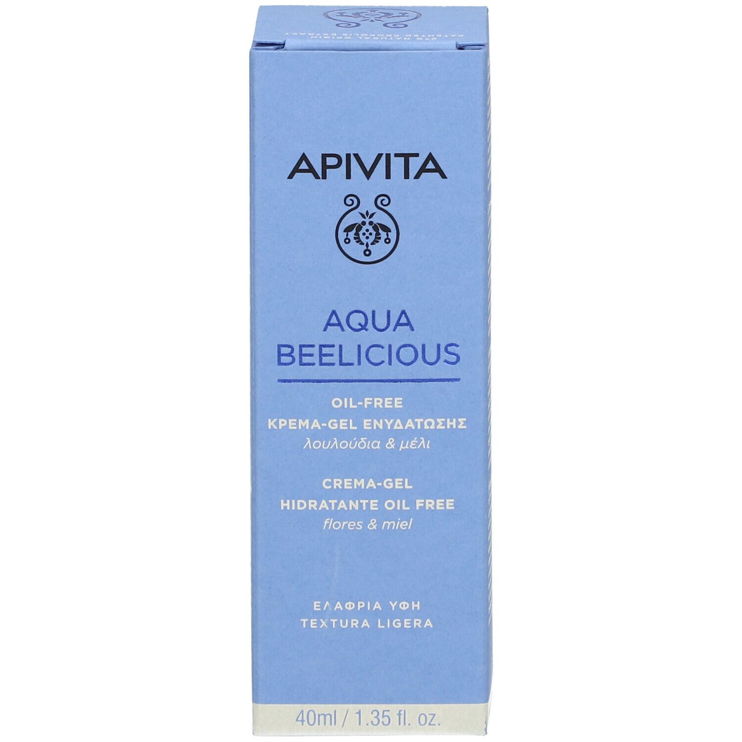 Lichtblauwe doos. Productnaam. Olievrije gel-crème. 40ml.