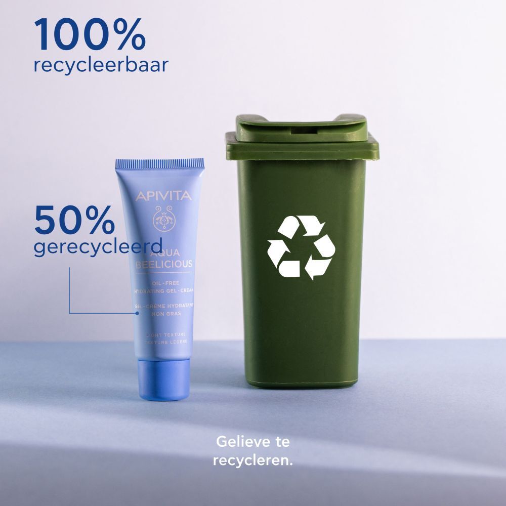 Recyclingconcept. Tube en vuilnisbak. 100% recyclebaar, 50% gerecycled. Tekst.