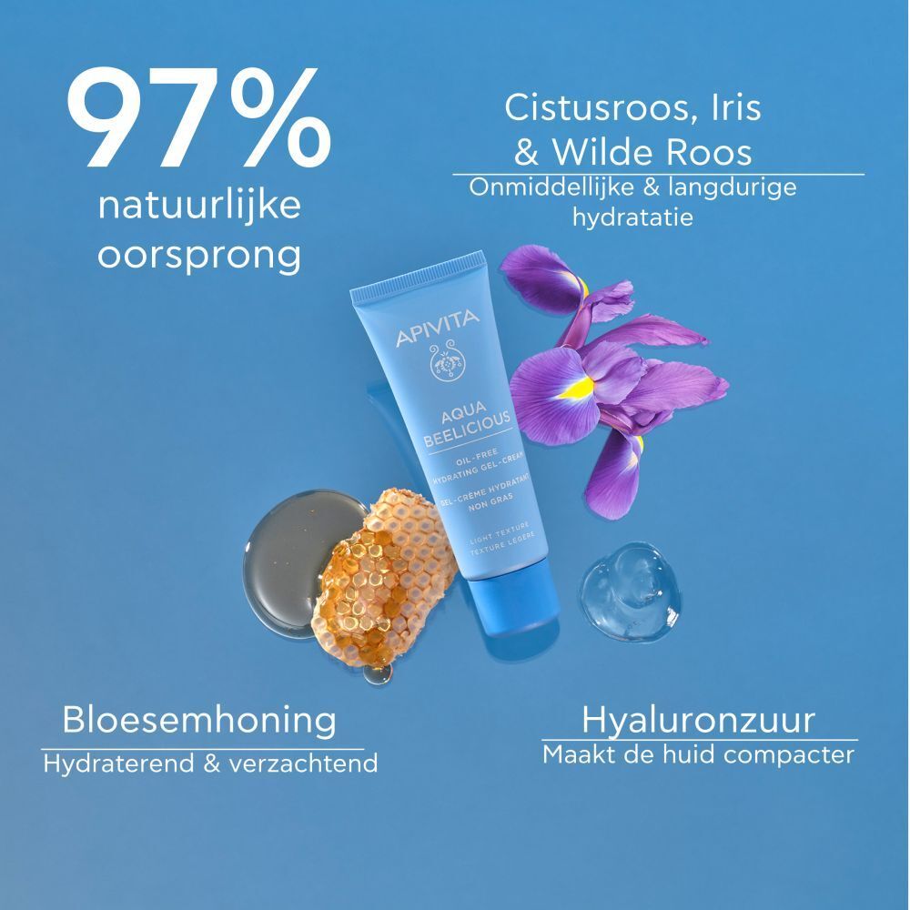 Lichtblauwe tube met ingrediënten. Honing, hyaluronzuur. Tekst. Bloemen en druppels.