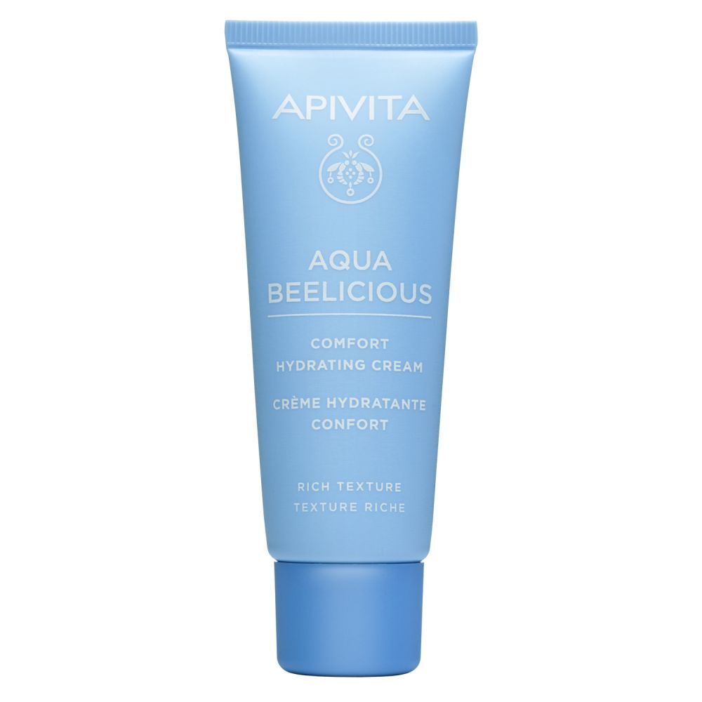 Tube bleu clair. Marque : APIVITA. Nom du produit : AQUA BEELICIOUS. Crème texturée. Bouchon bleu.
