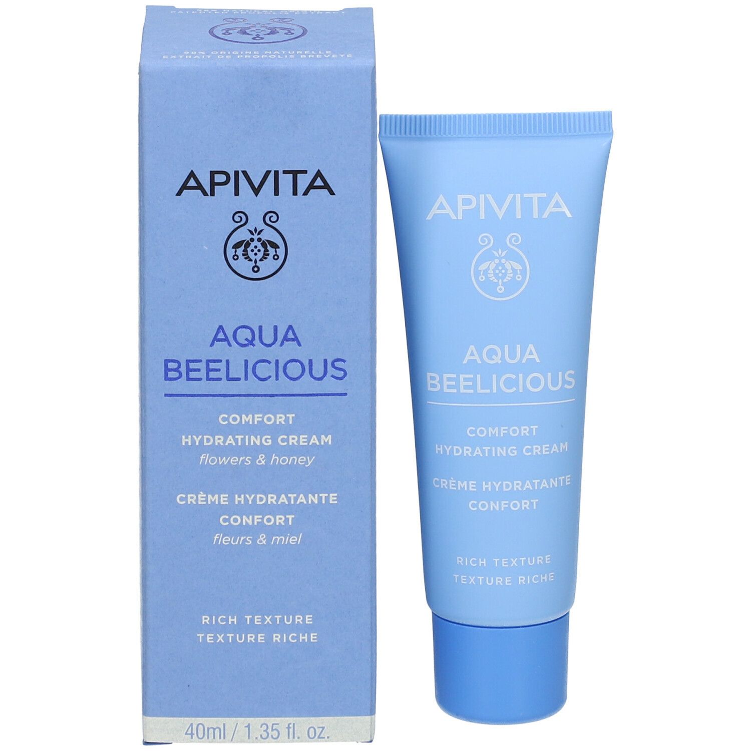 Emballage et tube bleus clairs. Marque : APIVITA. Nom du produit : AQUA BEELICIOUS. Crème texturée. 40 ml.