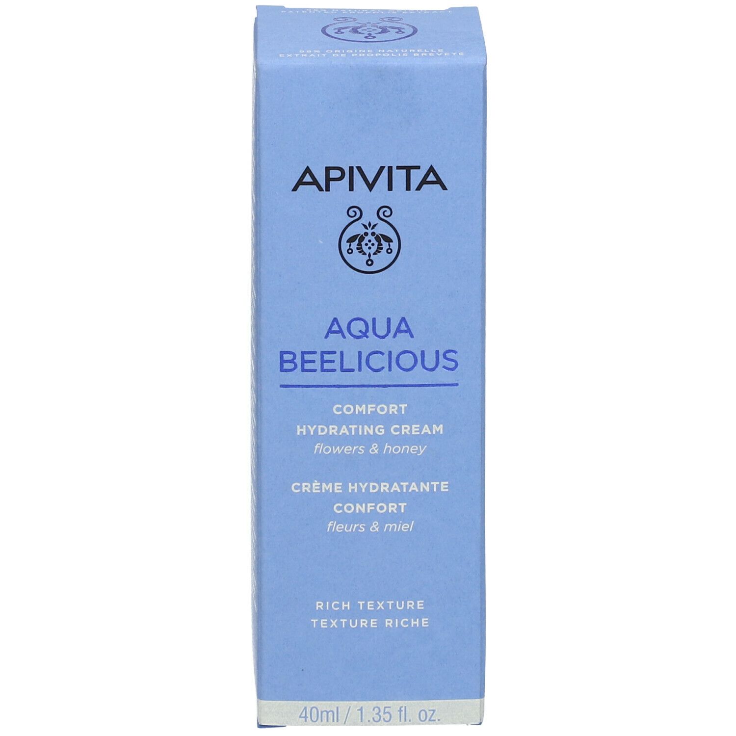 Emballage bleu clair. Marque : APIVITA. Nom du produit : AQUA BEELICIOUS. Crème texturée. 40 ml.
