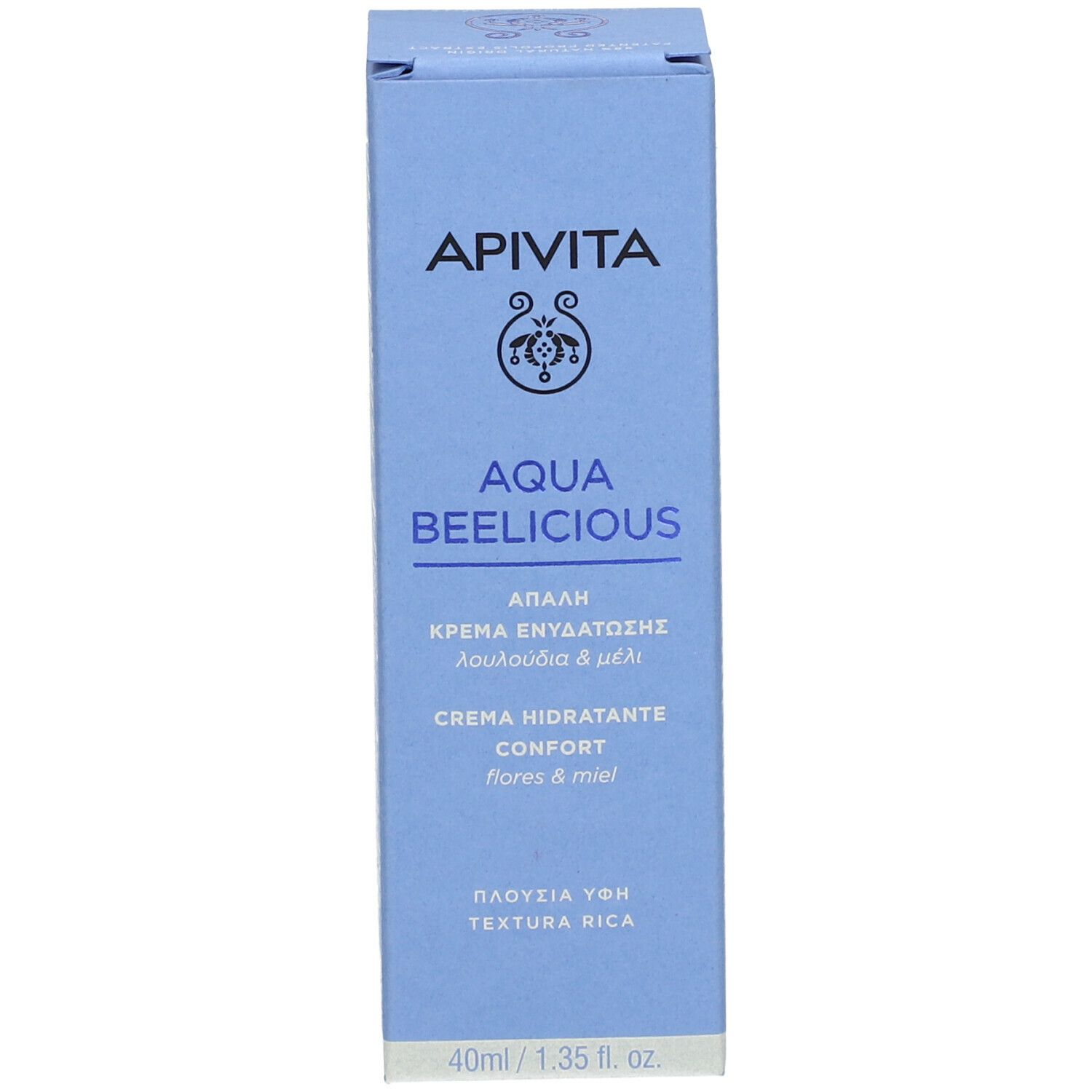 Emballage du produit. Marque : APIVITA. Nom du produit : AQUA BEELICIOUS. Crème texturée. 40 ml.