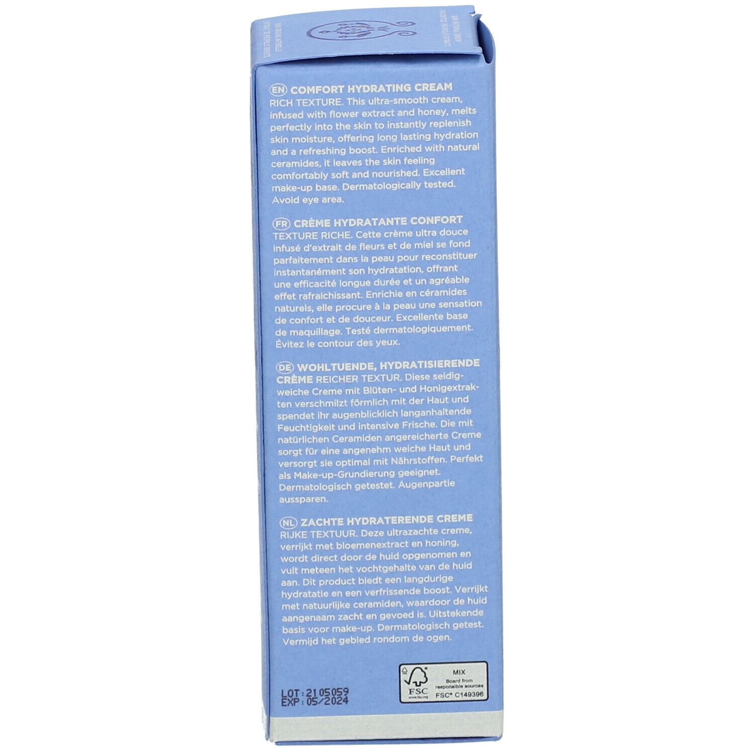 Dos de l'emballage du produit. Texte en plusieurs langues. Informations sur le produit et ingrédients.