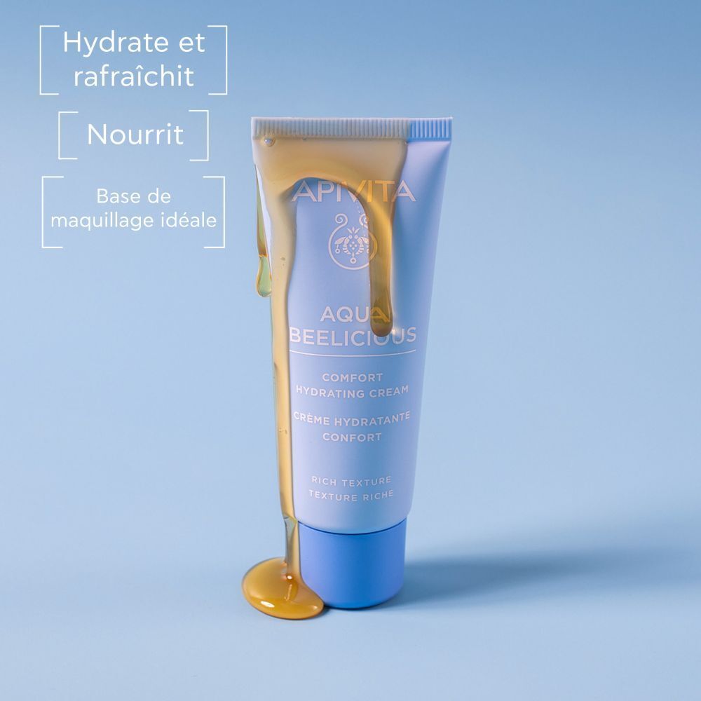 Tube bleu clair. Marque : APIVITA. Nom du produit : AQUA BEELICIOUS. Crème texturée. Bouchon bleu.