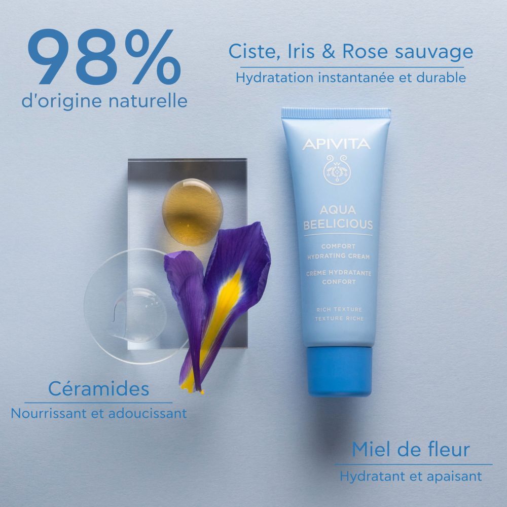 Tube bleu clair avec miel. Texte : hydrate, rafraîchit, base de maquillage idéale.